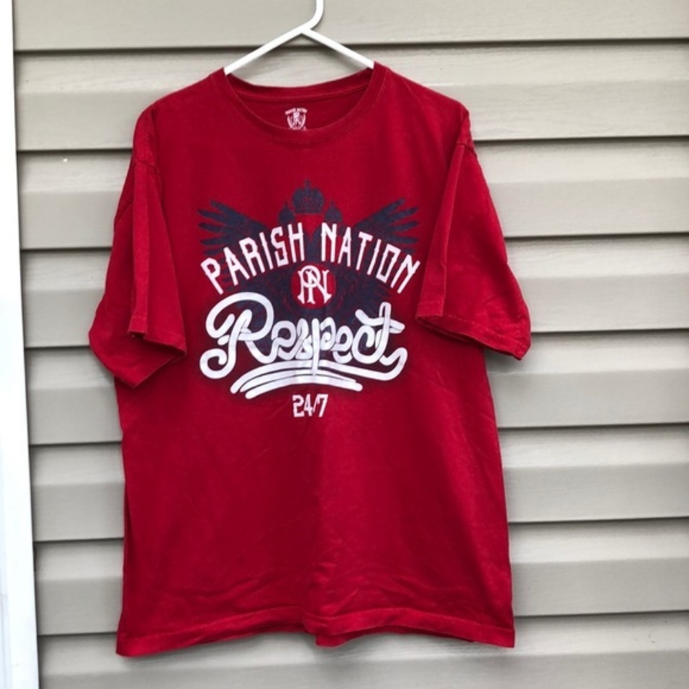 Parish Nation men’s red,white&black tee shirt $5/25